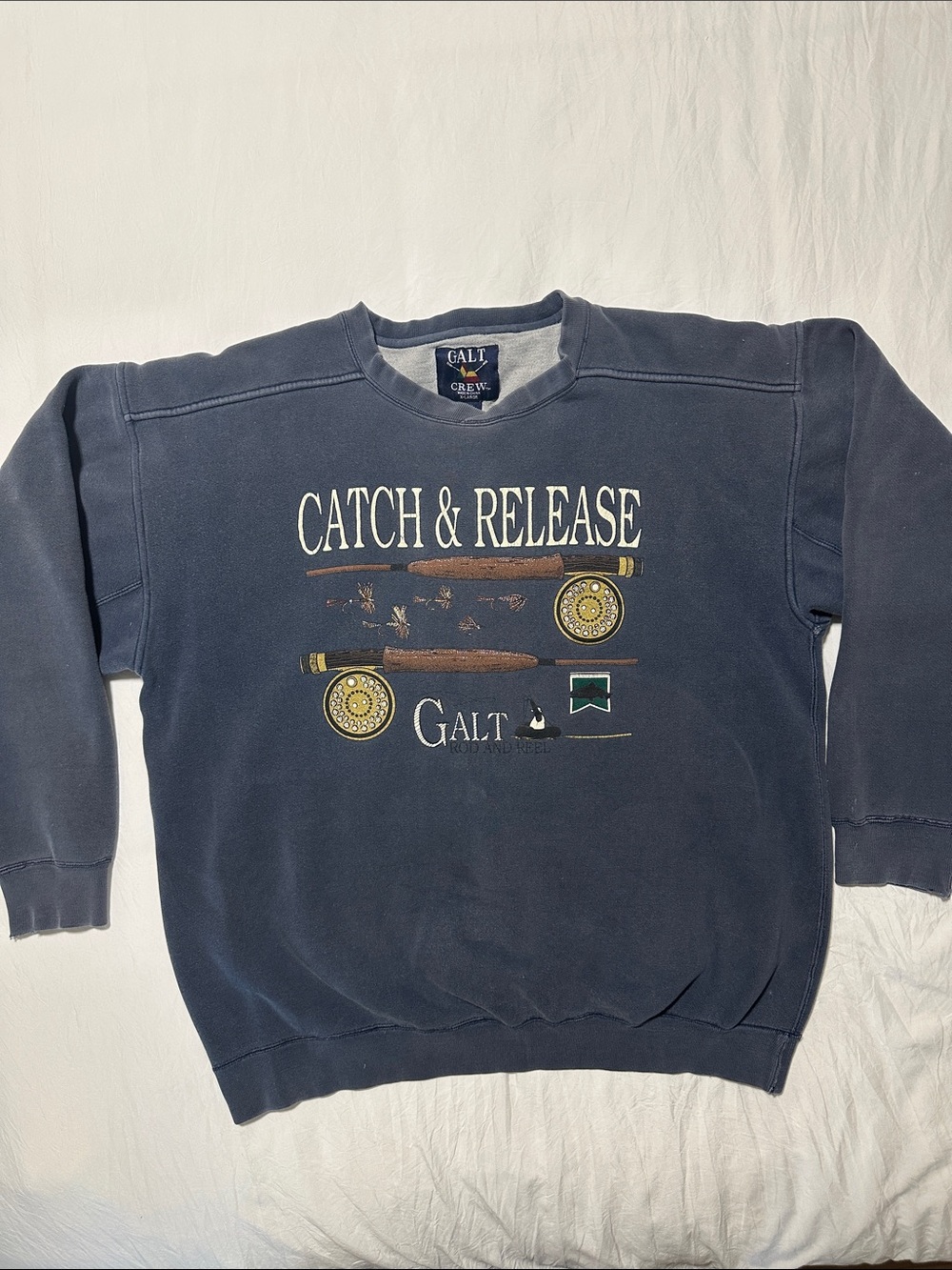 Vintage 90s Galt Rod & Reel Fishing Sweatshirt Faded Blue Men's X-Large